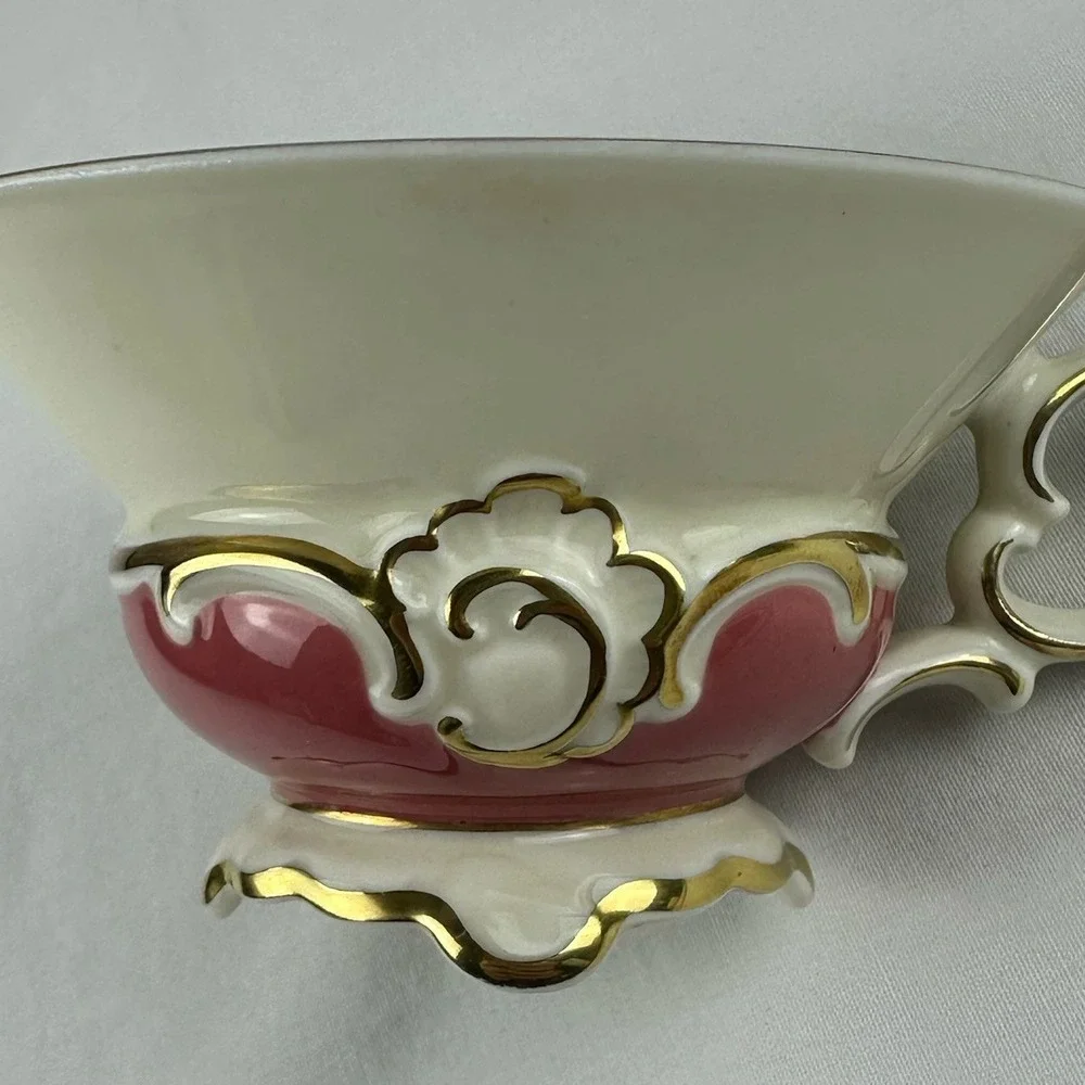 Weimar Porzellan ILSE Tea Trio Coral Pink Gold Gilt Rose Footed Cup Saucer Plate